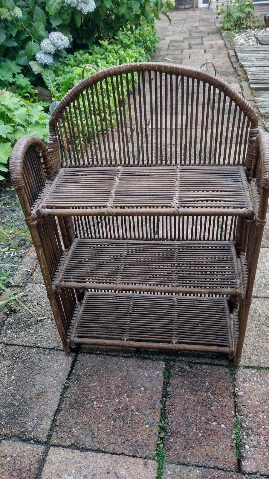 Vintage rieten etagère met 3 lagen, Ophalen of Verzenden, Gebruikt
