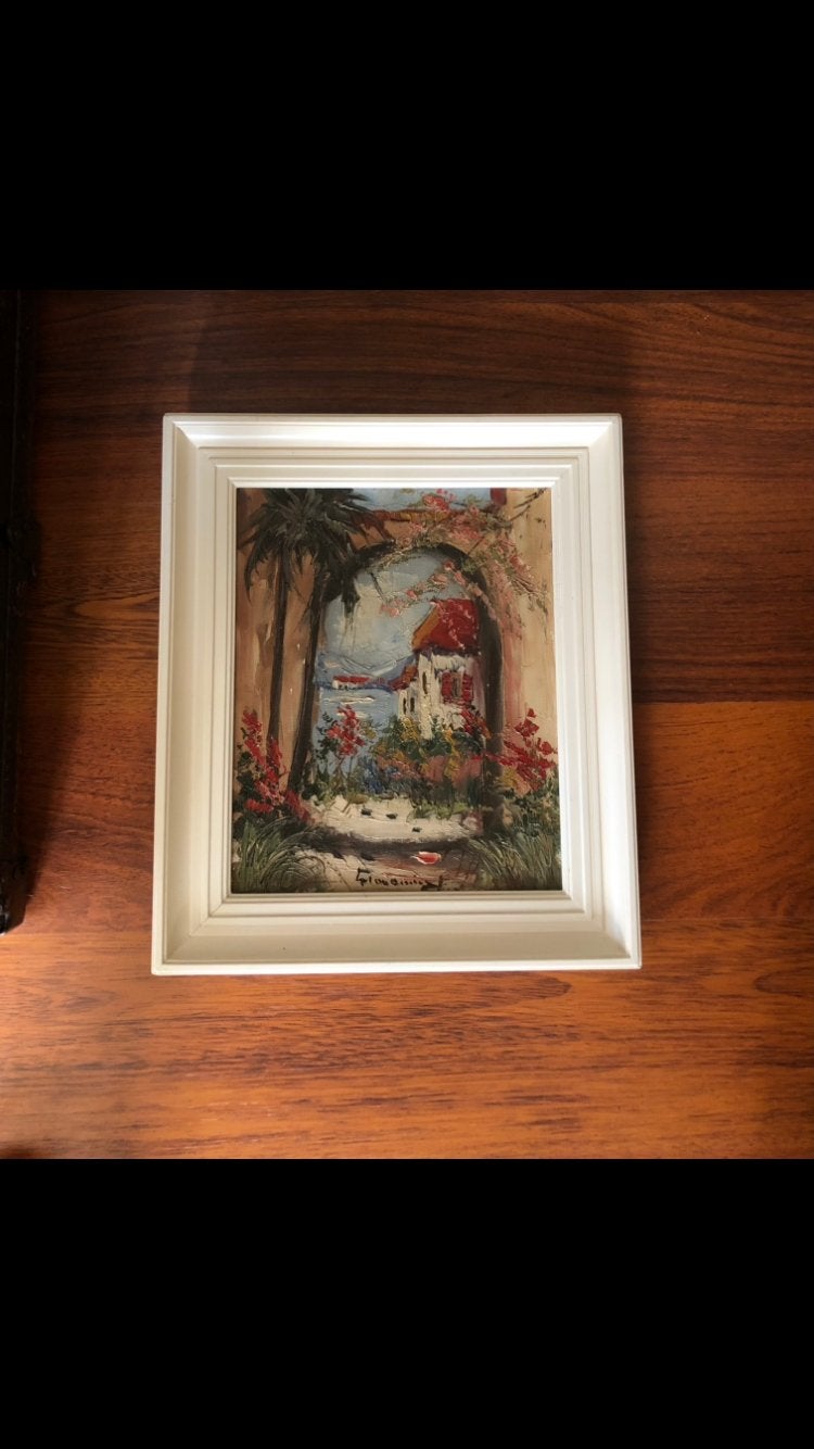 Schilderij met Mediterraan Landschap en Huis, Doek, Realistisch, Ophalen of Verzenden, Gesigneerd