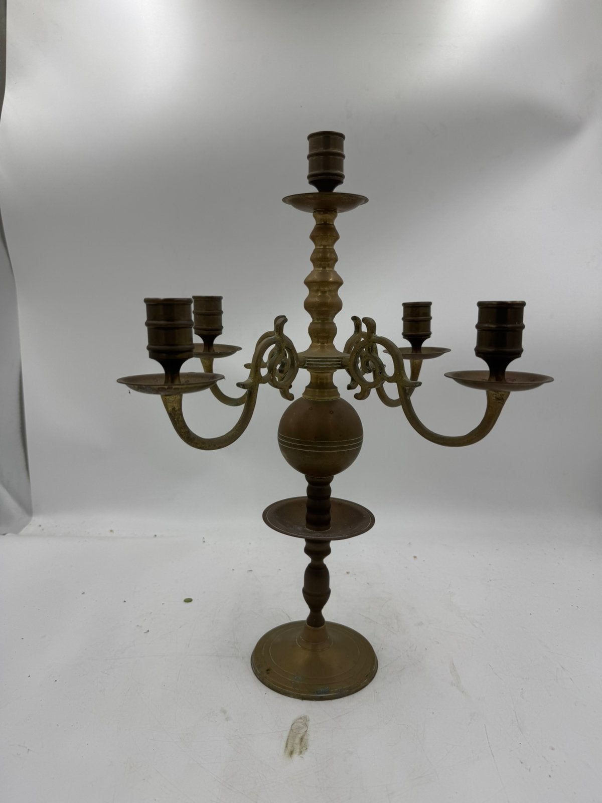 Grote Antieke / Vintage Messing 5-Armige Kandelaar (44 cm), Ophalen of Verzenden, Koper of Brons