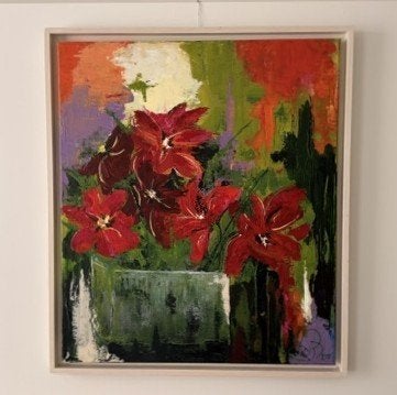 Schilderij Amaryllis, Antiek en Kunst, Kunst | Schilderijen | Klassiek, Bloemen, Acrylverf, Overige stijlen, Doek