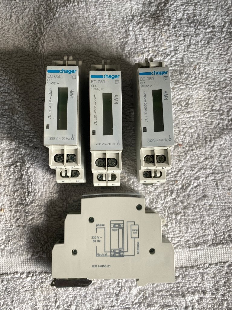 kWh-meter 1-fase, 32 A, 4x Hager module EC 050, Ophalen of Verzenden, Gebruikt, Hager, Overige typen