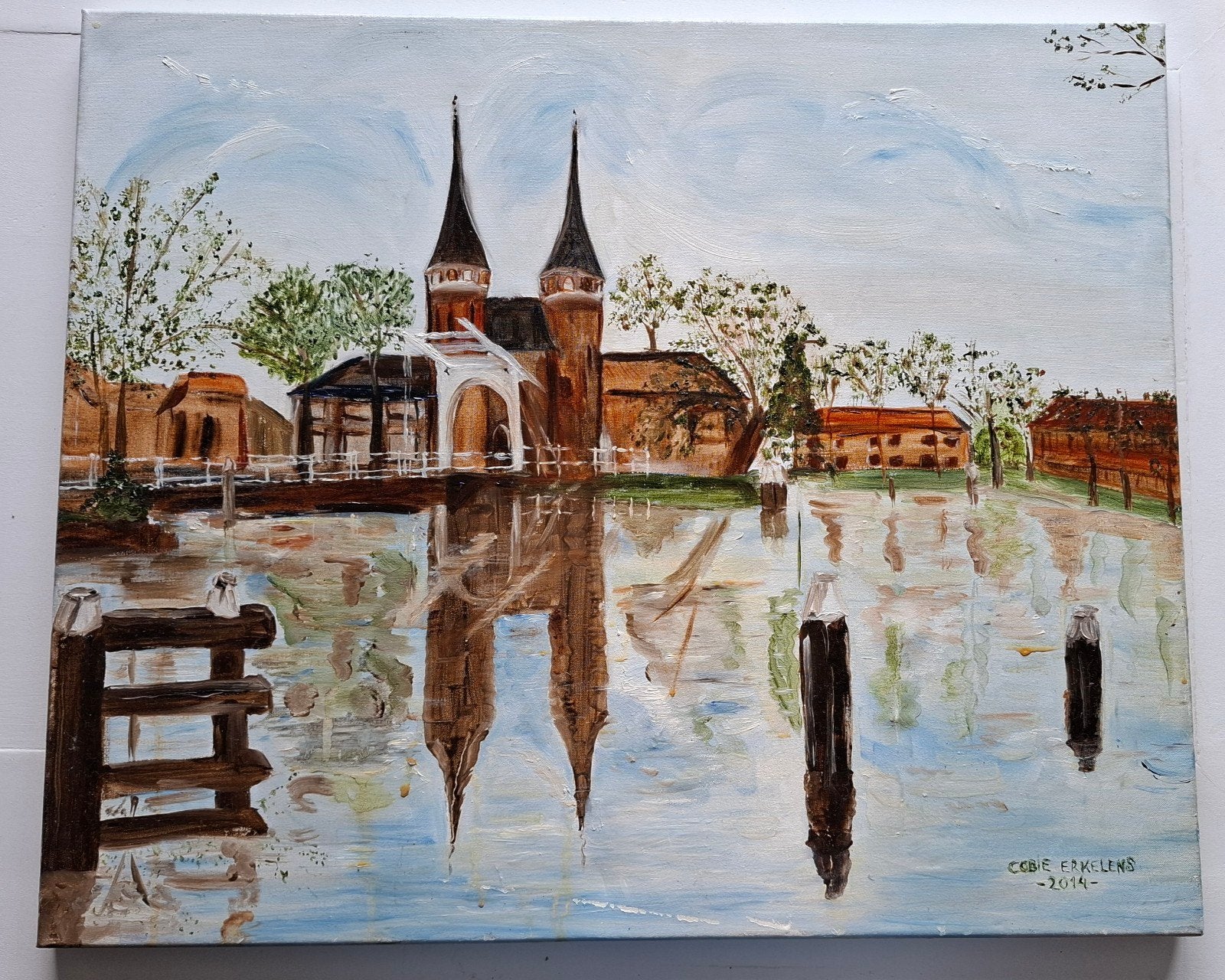 Schilderij op canvas: Stadsgezicht met waterreflectie, Ophalen, Doek, Realistisch, Olieverf