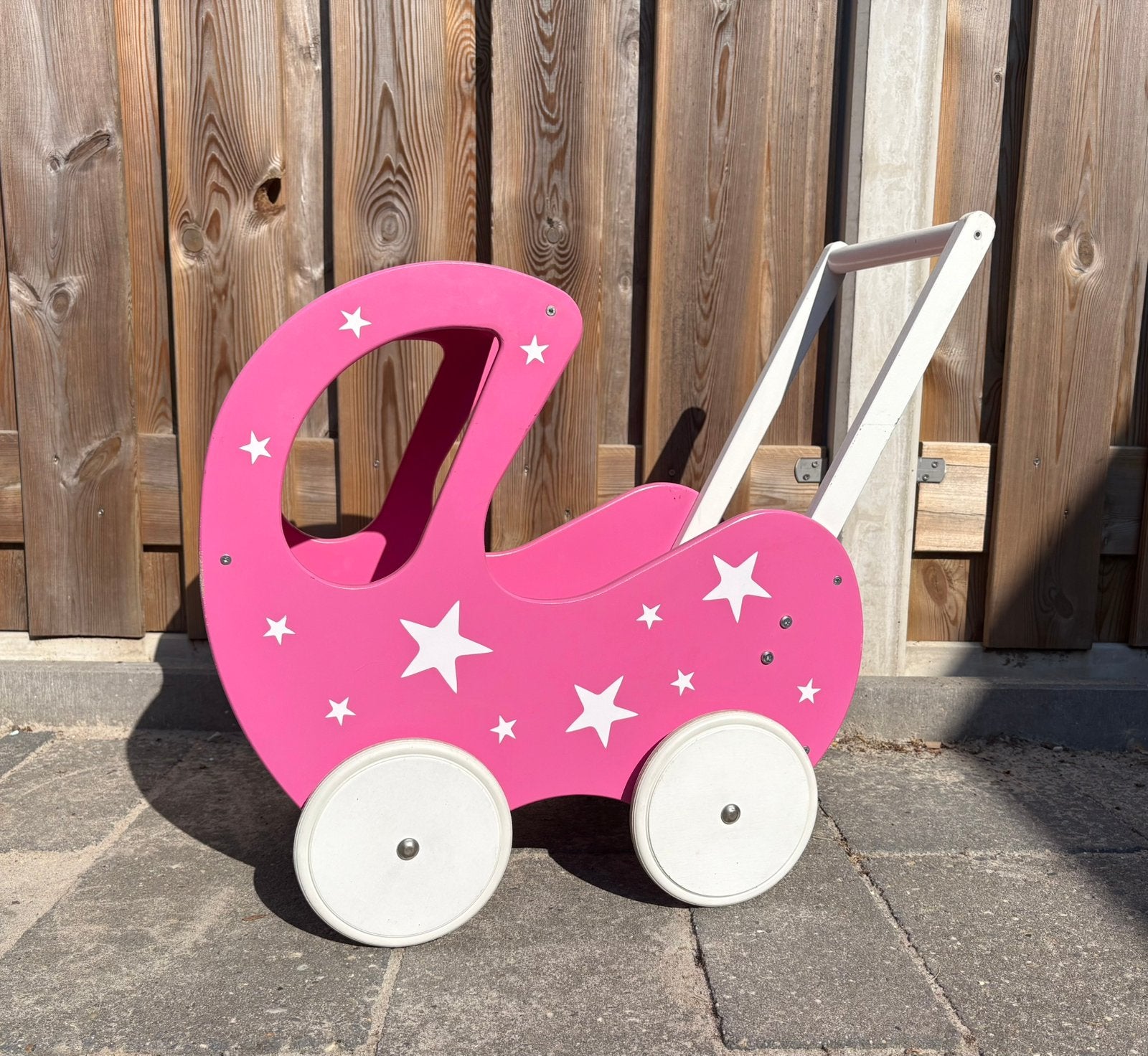 Roze houten poppenwagen/loopwagen/kinderwagen met sterren, Ophalen, Zo goed als nieuw