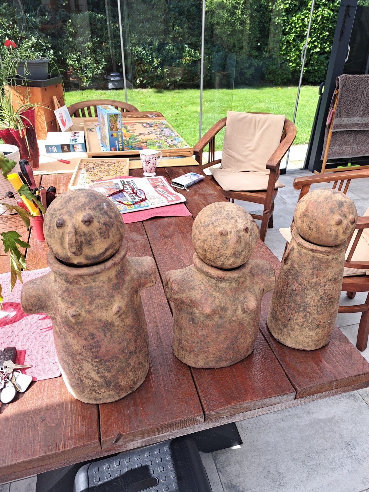 Set van 3 terracotta beelden - Afrikaanse stijl, Ophalen, Groep mensen, Handgemaakt, 20 - 50 cm