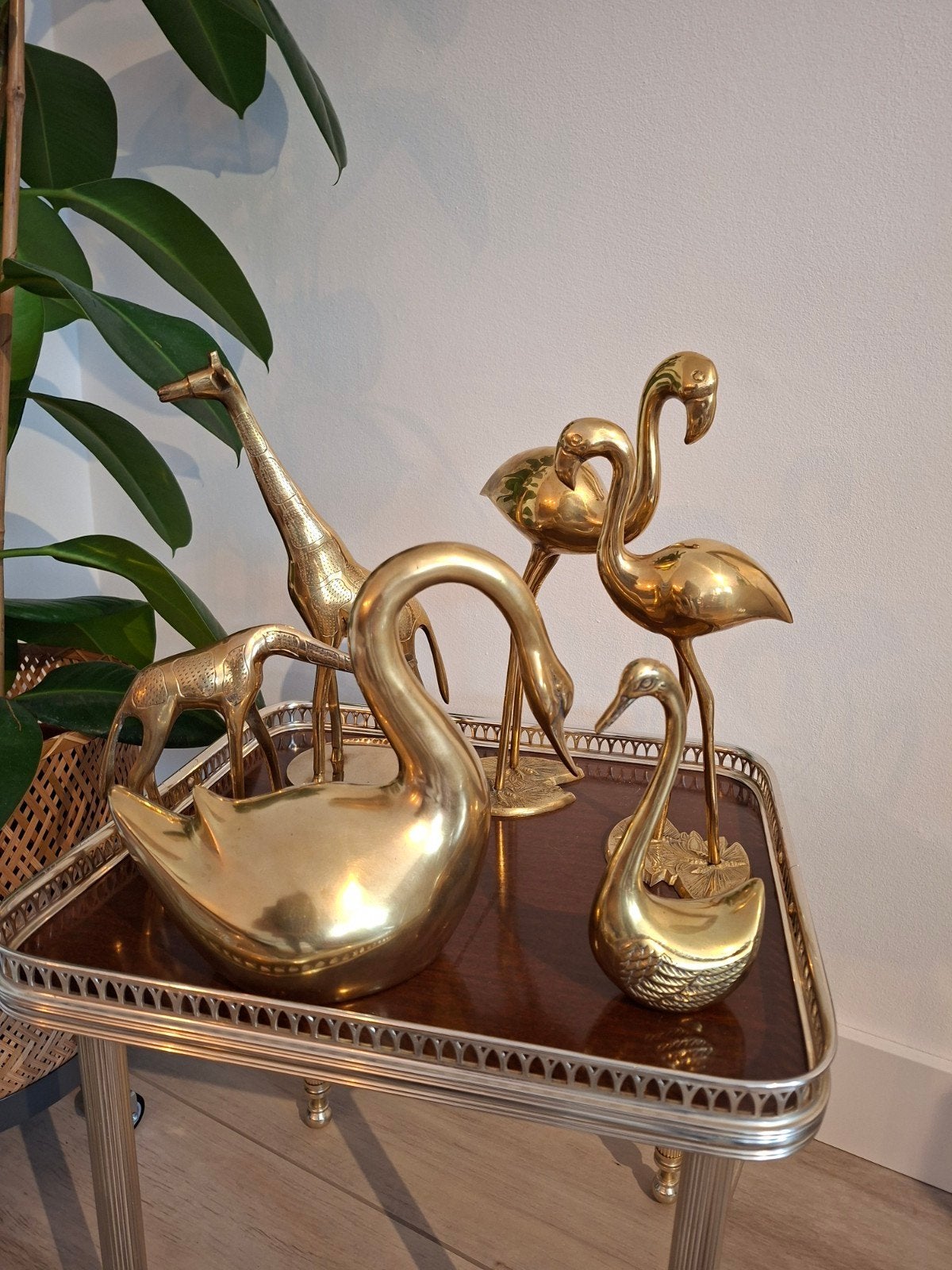 6 messing items flamingo’s, zwanen, giraffen, Antiek en Kunst, Antiek | Woonaccessoires, Ophalen of Verzenden