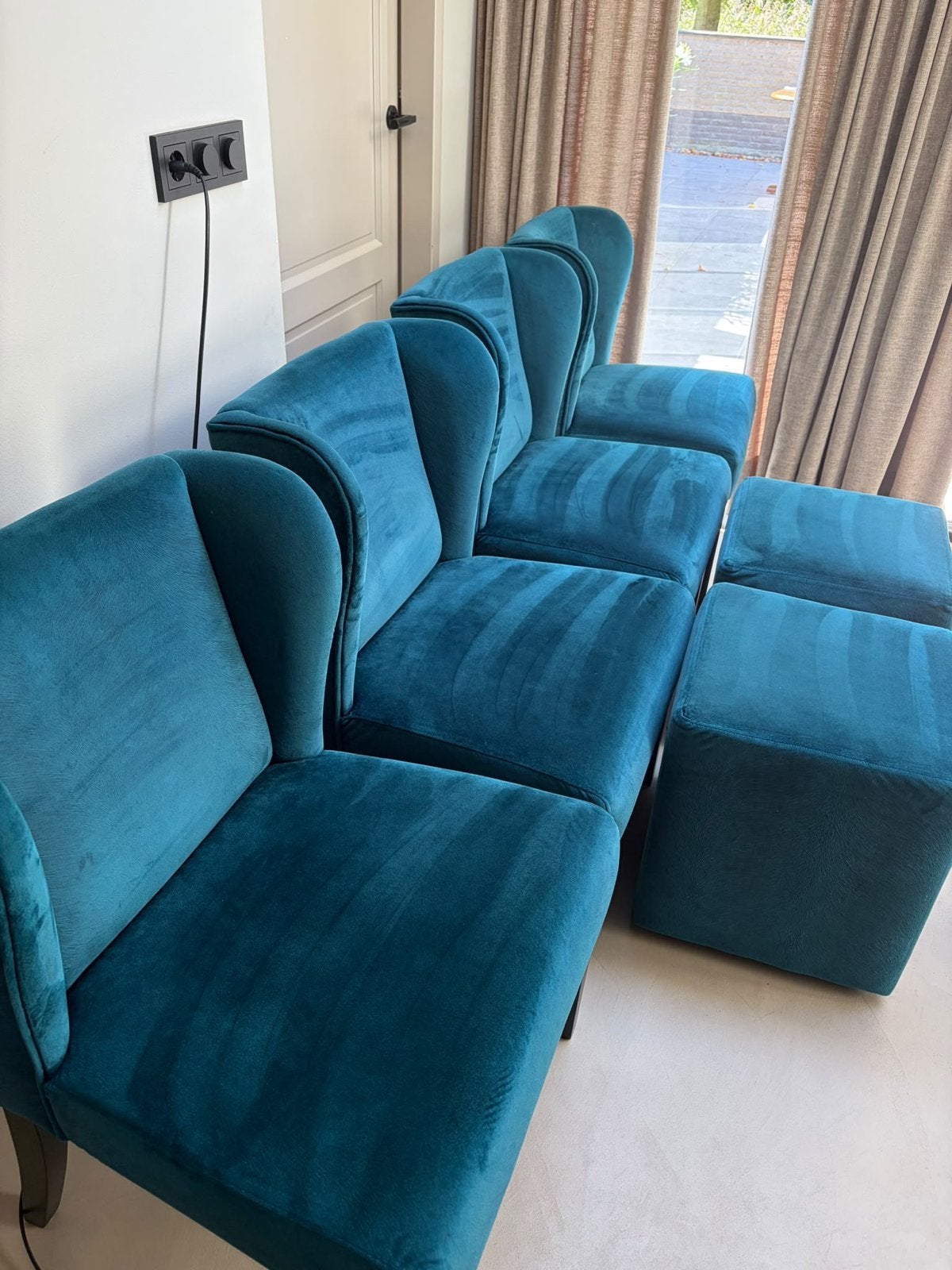 Luxe eetkamerstoelen op maat + 2 Claudi poefen, Huis en Inrichting, Ophalen, Blauw, Zo goed als nieuw, Vijf, Zes of meer stoelen