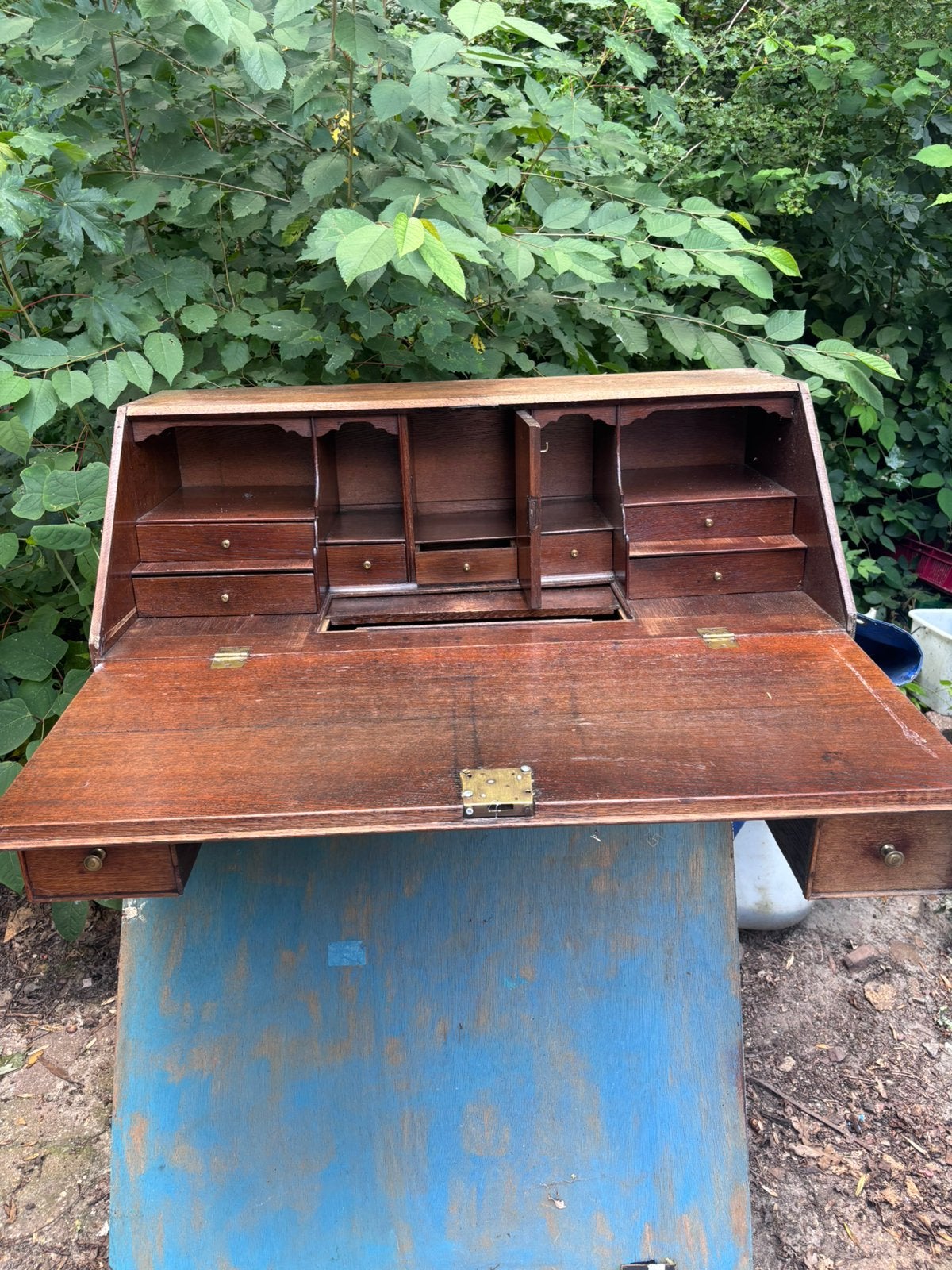 Antieke houten secretaire / schrijfkist met klep en lades, Ophalen, Zo goed als nieuw