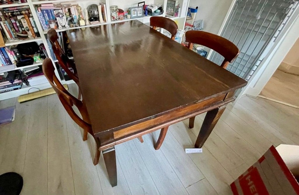 Eettafel met vier stoelen, Huis en Inrichting, Tafels | Eettafels, Ophalen, Gebruikt, 100 tot 150 cm, Eikenhout