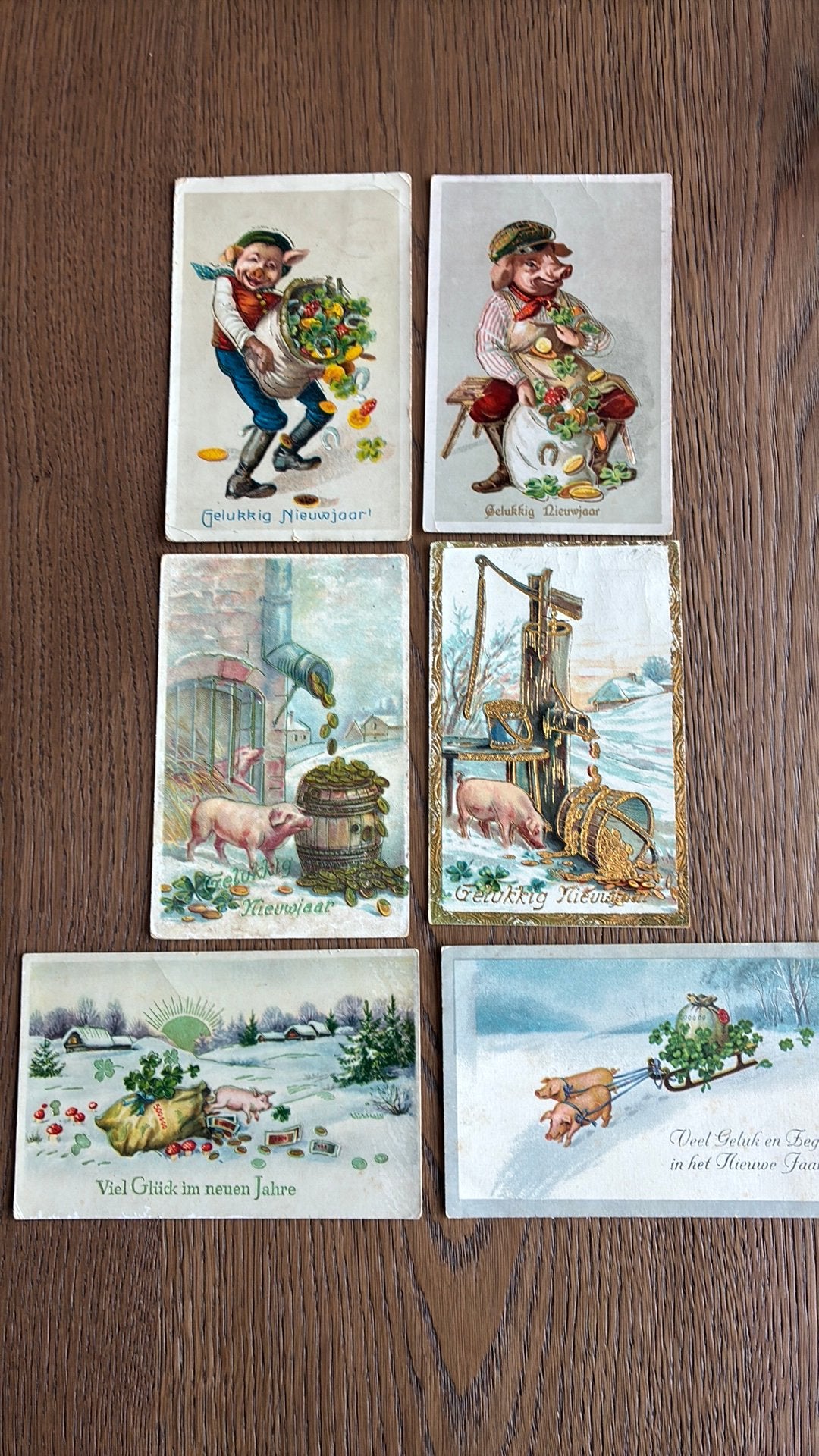 Fantasie. 5 kaarten varkens.Geld,pomp,slee,waterton,klaver, Verzamelen, Ophalen of Verzenden, Voor 1920