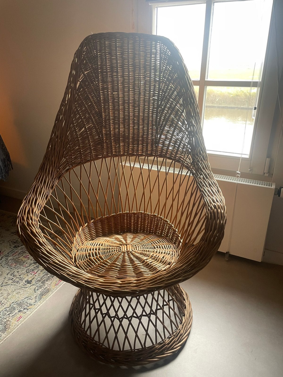 Vintage rotan fauteuil soort pauwstoel bohemian, Gebruikt, Bruin, Riet of Rotan, Ophalen of Verzenden