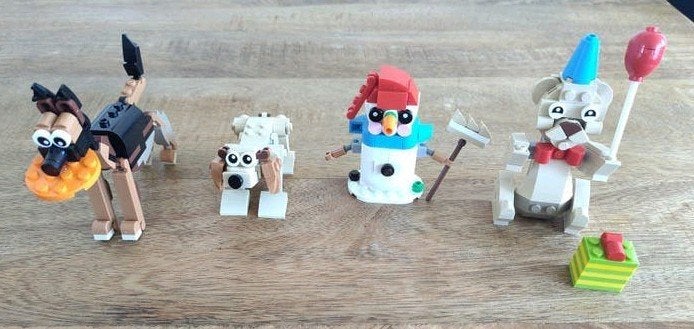 4 LEGO Creator sets: 2 Honden (3in1), Sneeuwpop & Feestbeer, Compleet, Lego, Ophalen of Verzenden, Zo goed als nieuw