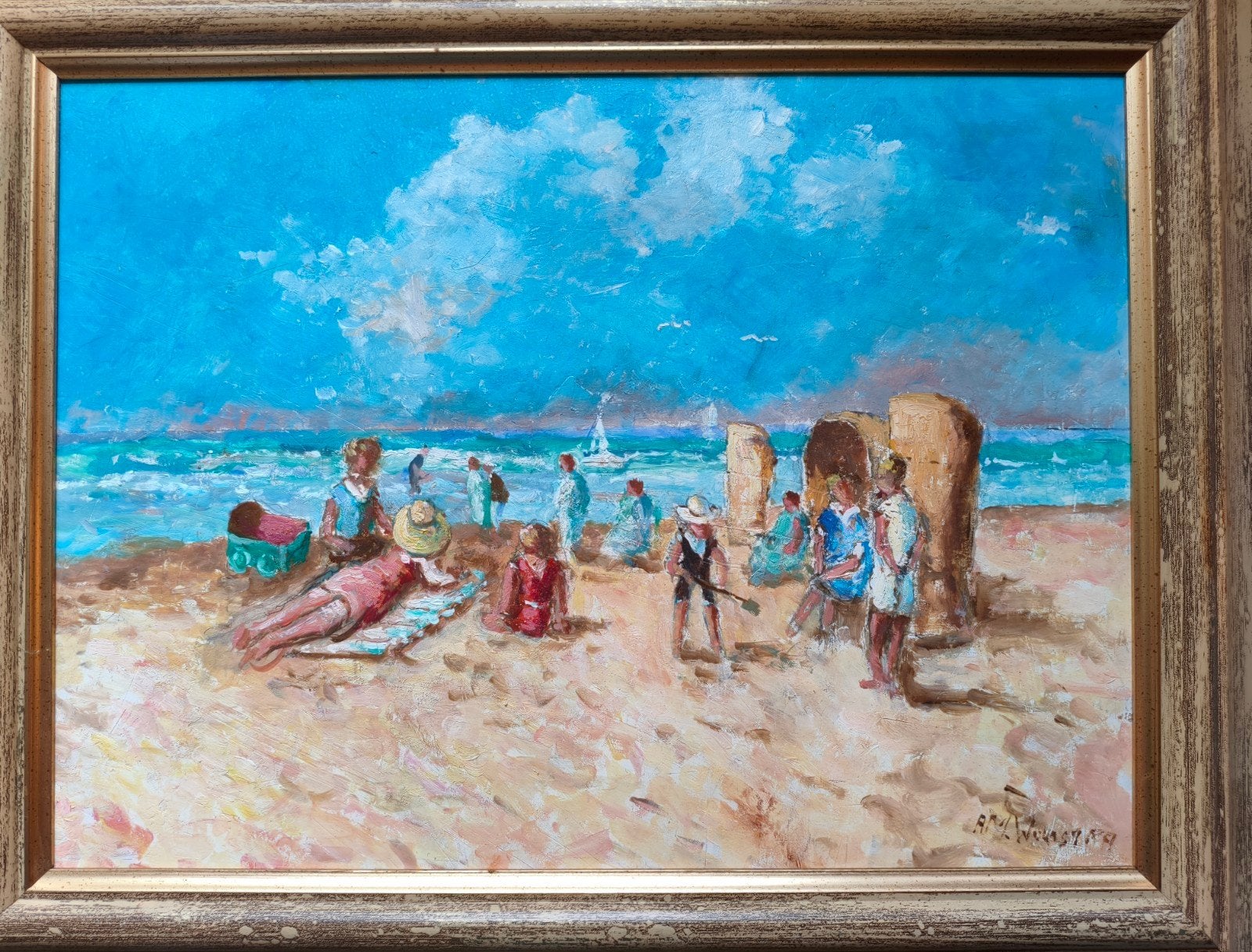 A.M. Woudstra prachtig olieverf schilderij. Strand., Antiek en Kunst, Kunst | Schilderijen | Klassiek, Ophalen of Verzenden