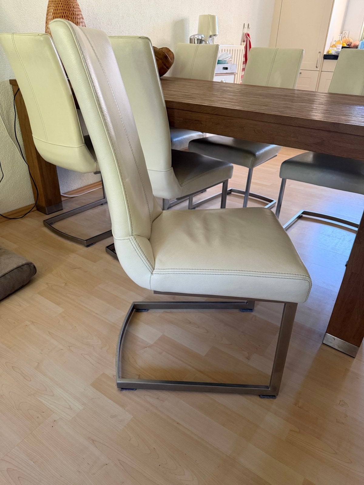 Elegante eetkamerstoelen - 6 stuks - Crème leer, Huis en Inrichting, Ophalen, Overige kleuren, Leer, Zo goed als nieuw