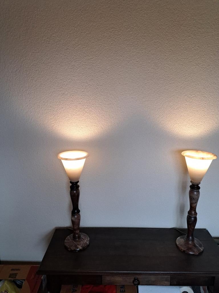 SCHEMERLAMPEN 2 STUKS ALBAST ZGAN, Huis en Inrichting, Lampen | Tafellampen, Ophalen of Verzenden, Zo goed als nieuw, 50 tot 75 cm