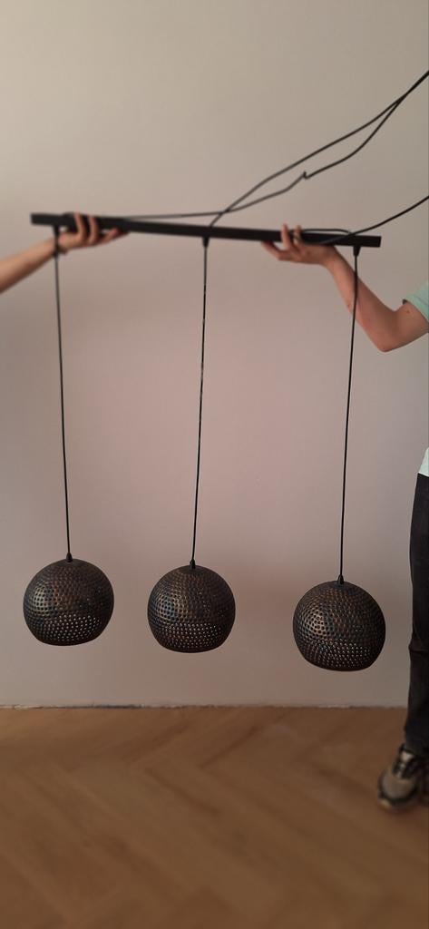 Hanglamp met 3 bollen in brons, Gebruikt, Modern, Industrieel, Ophalen of Verzenden, Metaal