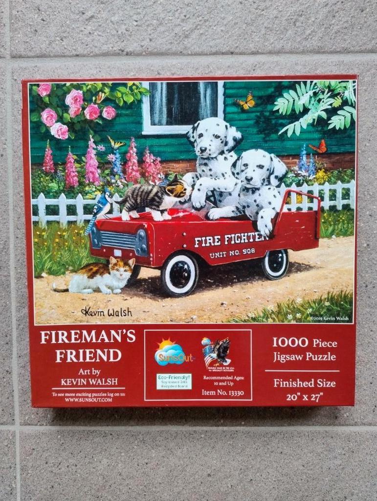 Sunsout puzzel 1000 Fireman's Friend - Kevin Walsh, Hobby en Vrije tijd, Ophalen of Verzenden, 500 t/m 1500 stukjes, Zo goed als nieuw