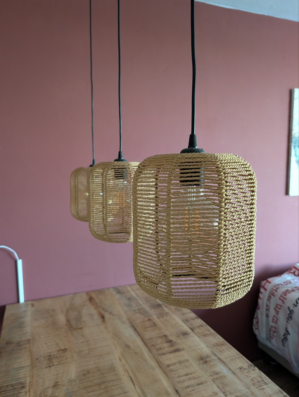 Hanglamp met 3 rotan kappen - Bragi Naturel, Ophalen, Industrieel, Landelijk, E27 (groot), Zo goed als nieuw