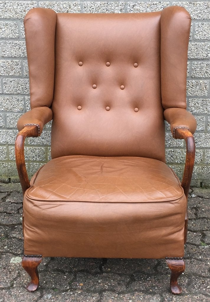 0989 Vintage lederen fauteuil, zetel, stoel., Gebruikt, 75 tot 100 cm, Ophalen of Verzenden, Retro