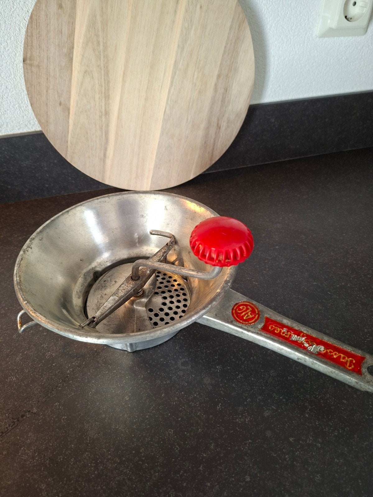 Vintage pureerzeef met hendel, 20 cm doorsnede, Ophalen of Verzenden