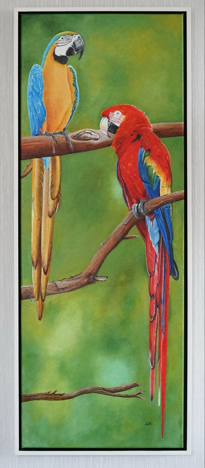 Kleurrijk schilderij van twee papegaaien op tak, Ophalen, Doek, Realistisch, Dieren
