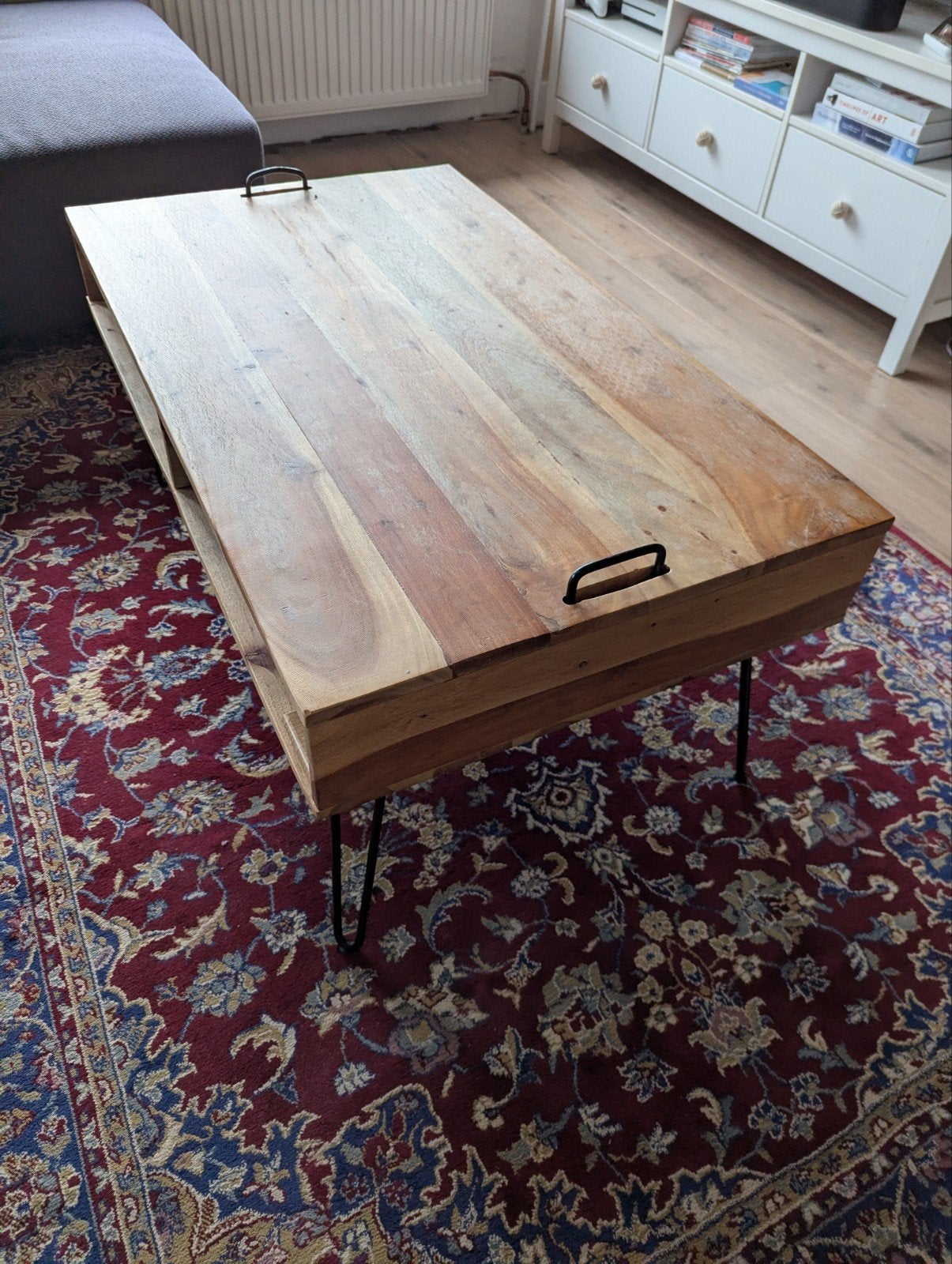 Salontafel van hout met metalen poten, Ophalen, Gebruikt, 100 tot 150 cm, 50 tot 100 cm