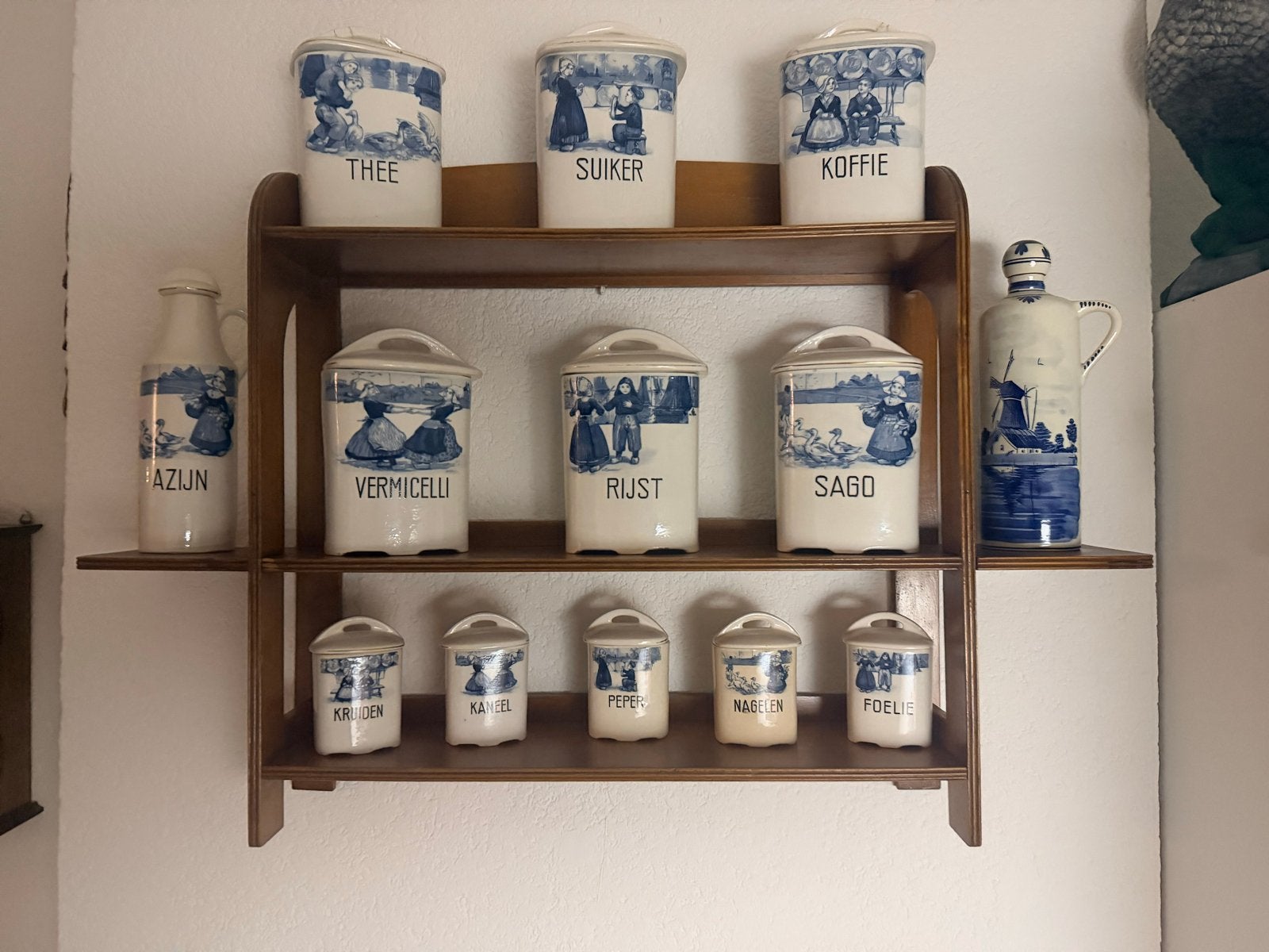 Antieke Delfts Blauwe Keukenset op Houten Rek, Ophalen