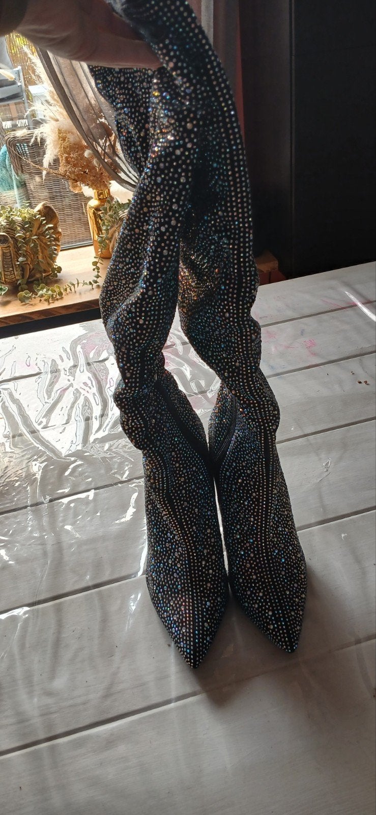 Zwarte laarzen met strass steentjes maat 39, Hoge laarzen, Zwart, Nieuw, Ophalen of Verzenden