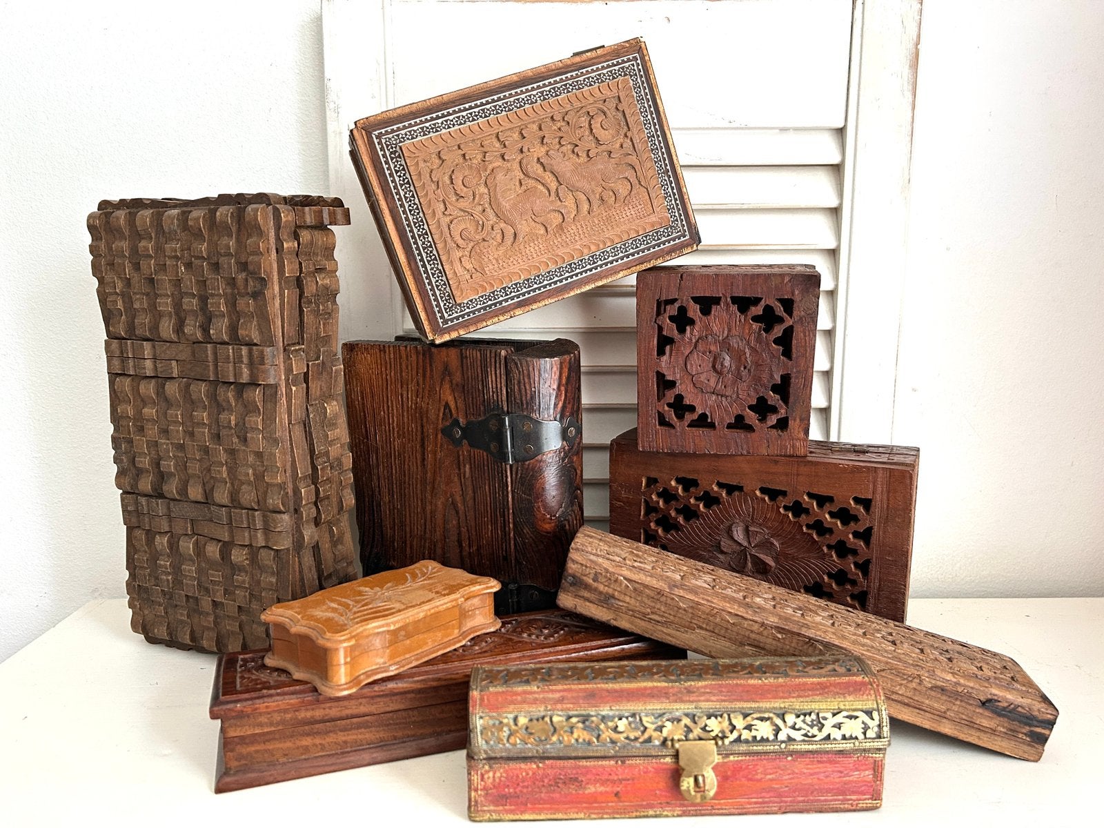 Negen vintage houten kistjes houtsnijwerk, Antiek en Kunst, Ophalen