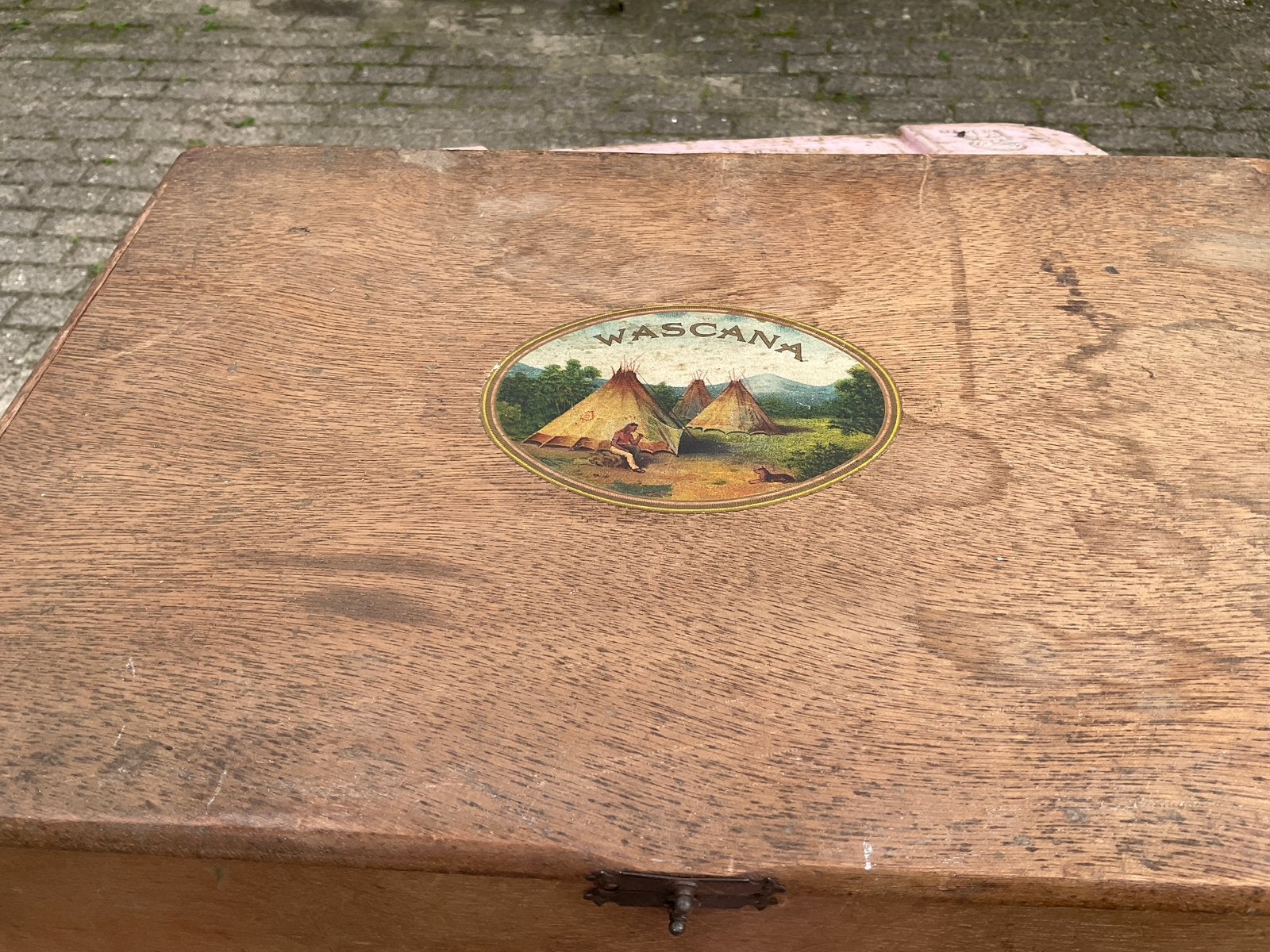 Vintage houten sigarenkist 'Wascana' - Met gebruikssporen, Ophalen of Verzenden, Gebruikt, Tabaksdoos of Verpakking