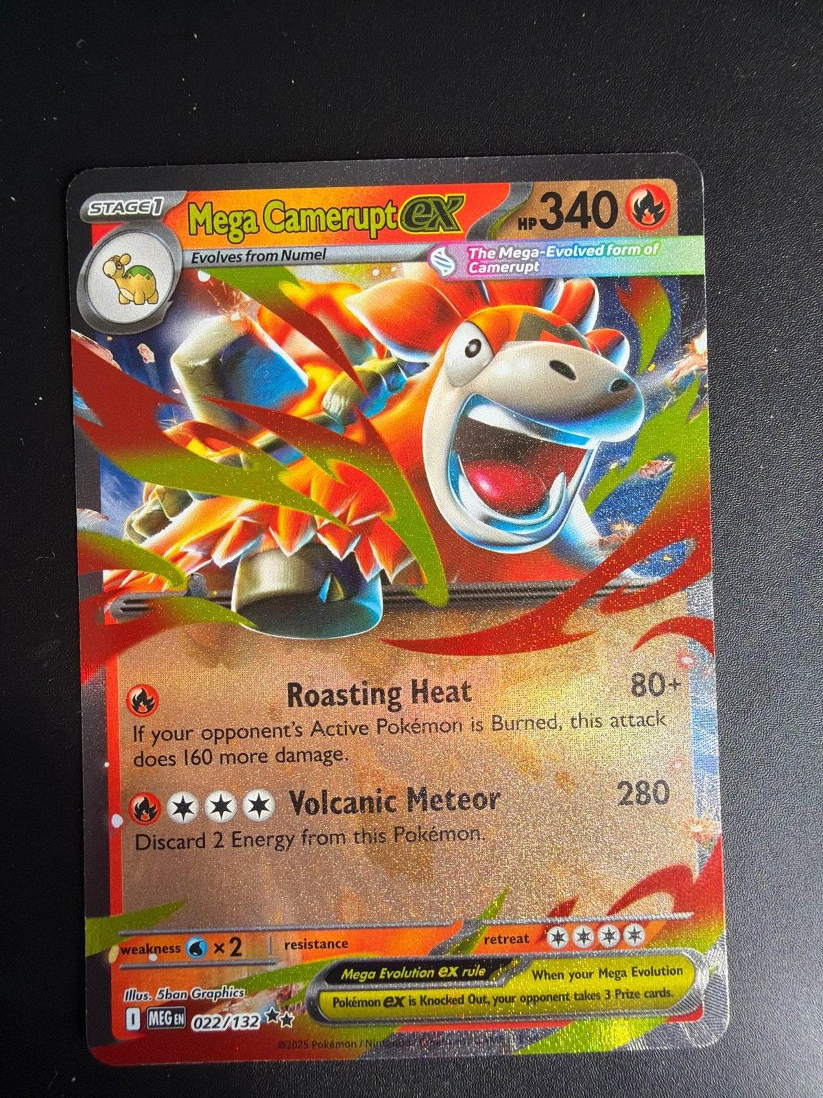 Mega Camerupt EX Pokémon Kaart - Glanzend en Zeldzaam, Ophalen of Verzenden, Zo goed als nieuw, Losse kaart, Foil