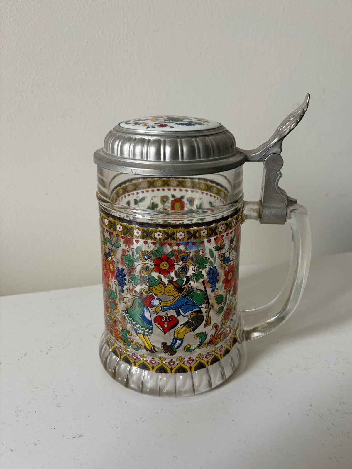 Liefdes bierpul, glazen pul met licht tinnen deksel., Ophalen of Verzenden