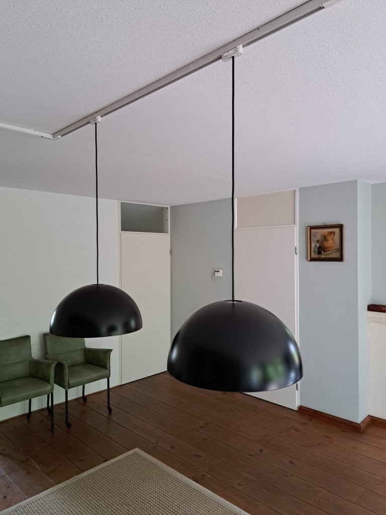 Zwart-witte hanglamp voor boven eettafel, Ophalen, Gebruikt, E27 (groot), Metaal