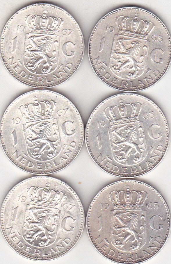 GULDENS JULIANA  ZILVER MOELIJKE JAREN 3 X 1963 - 3 X 1967, Postzegels en Munten, Munten | Nederland, Ophalen of Verzenden, Koningin Juliana