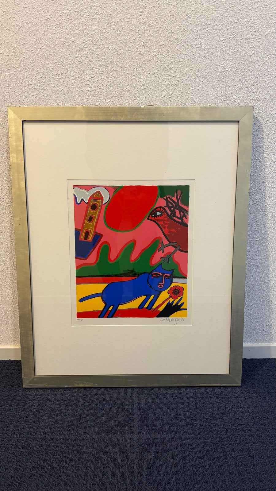Corneille Zeefdruk 'De Blauwe Kat' (1996) - Ingelijst, Gelimiteerde oplage, Ophalen, Dieren en Natuur, Zeefdruk