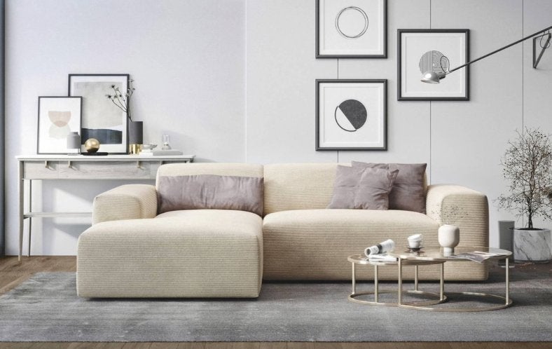 Naduvi Hoekbank Nina Links ribstof Creme | Van €1499, nu, Naduvi, Nieuw, Ophalen of Verzenden, 150 cm of meer