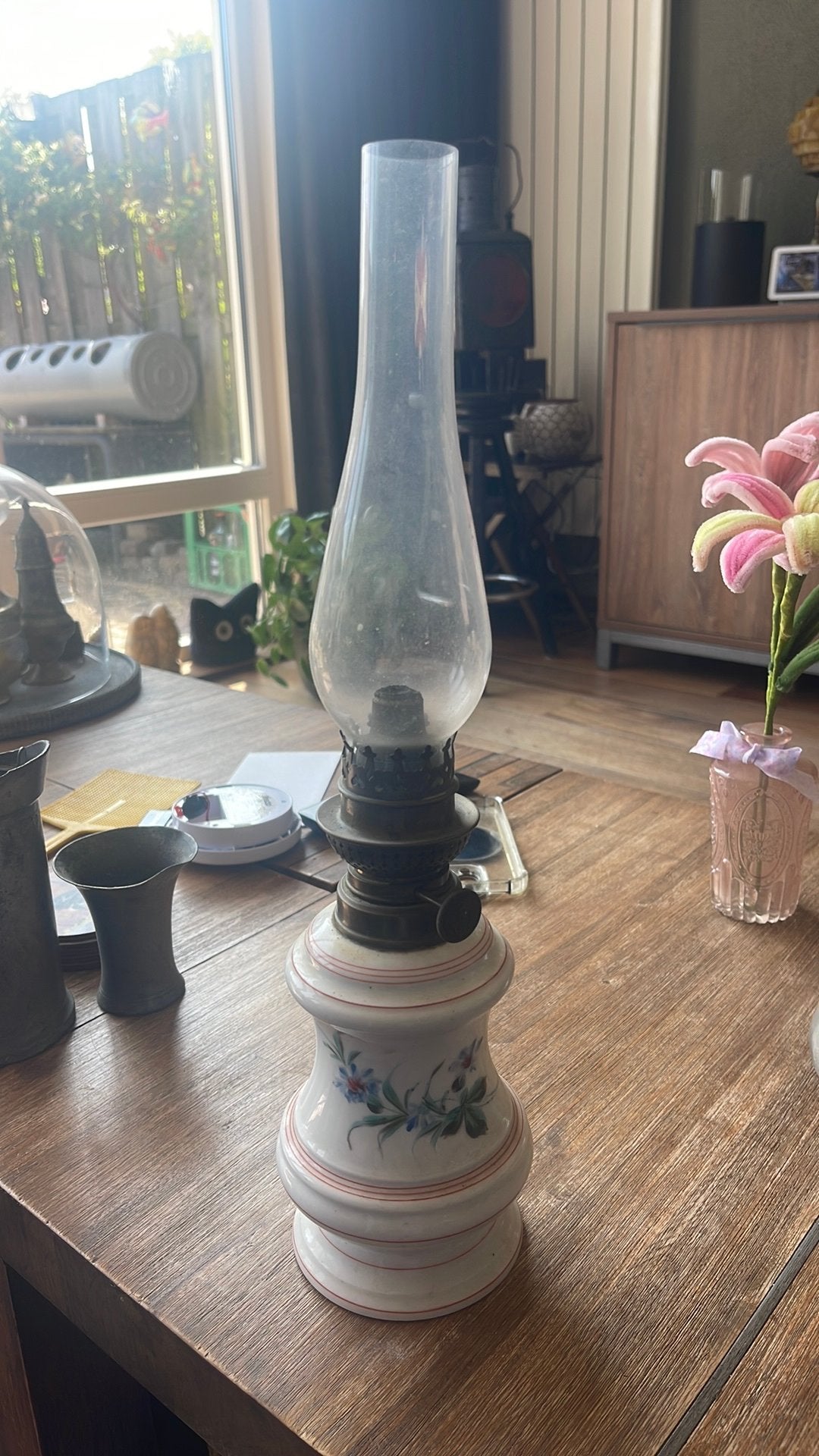 Porseleinen Olielamp met Antieke Kosmos Brander, Ophalen