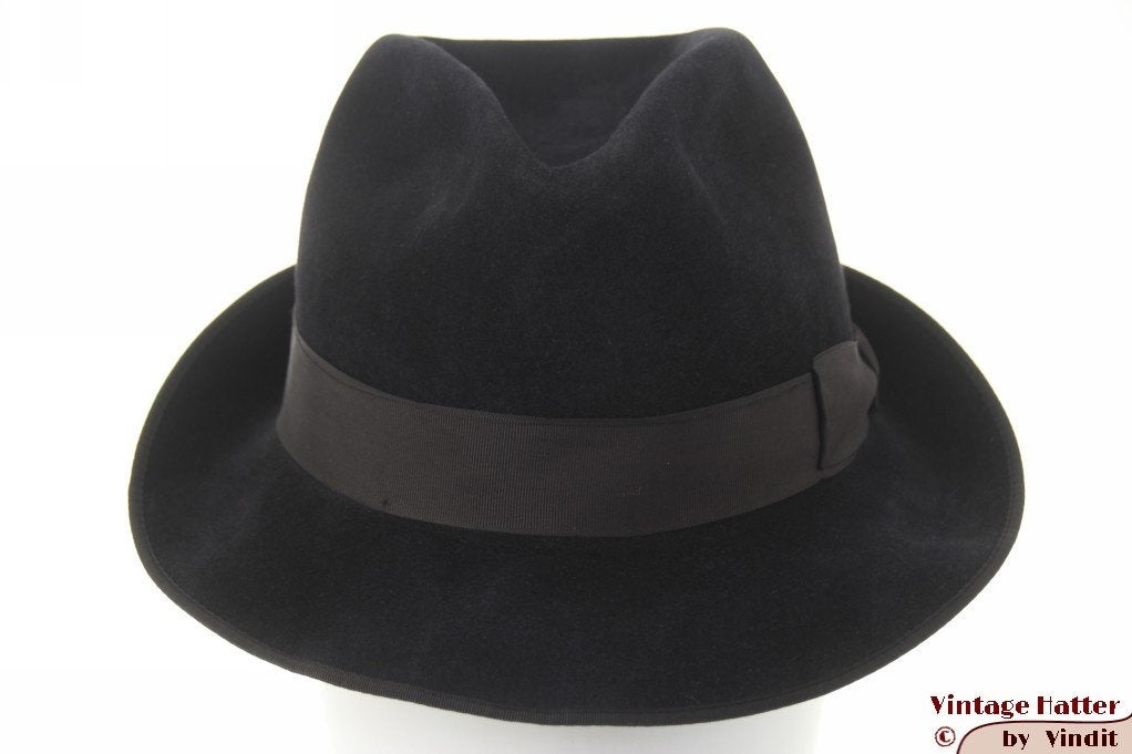 Vintage Gleufhoed Ambassador zwartgrijs velour 57, Ambassador, Hoed, Ophalen of Verzenden, 57 cm (M, 7⅛ inch) of minder