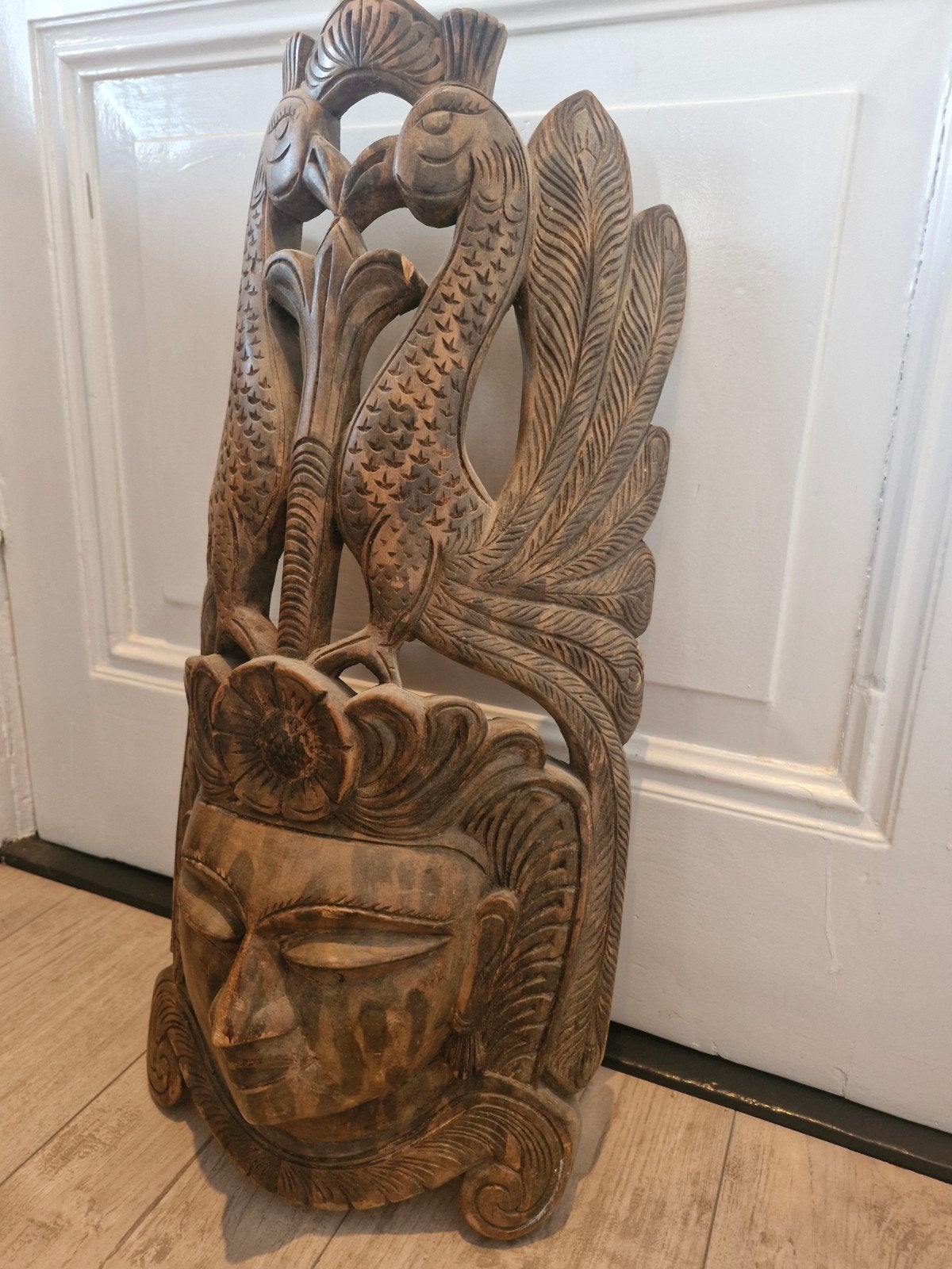 Houten houtsnij werk masker Zuid Amerika 68 x 29 cm, Gebruikt, 68 cm, Ophalen of Verzenden, Hout