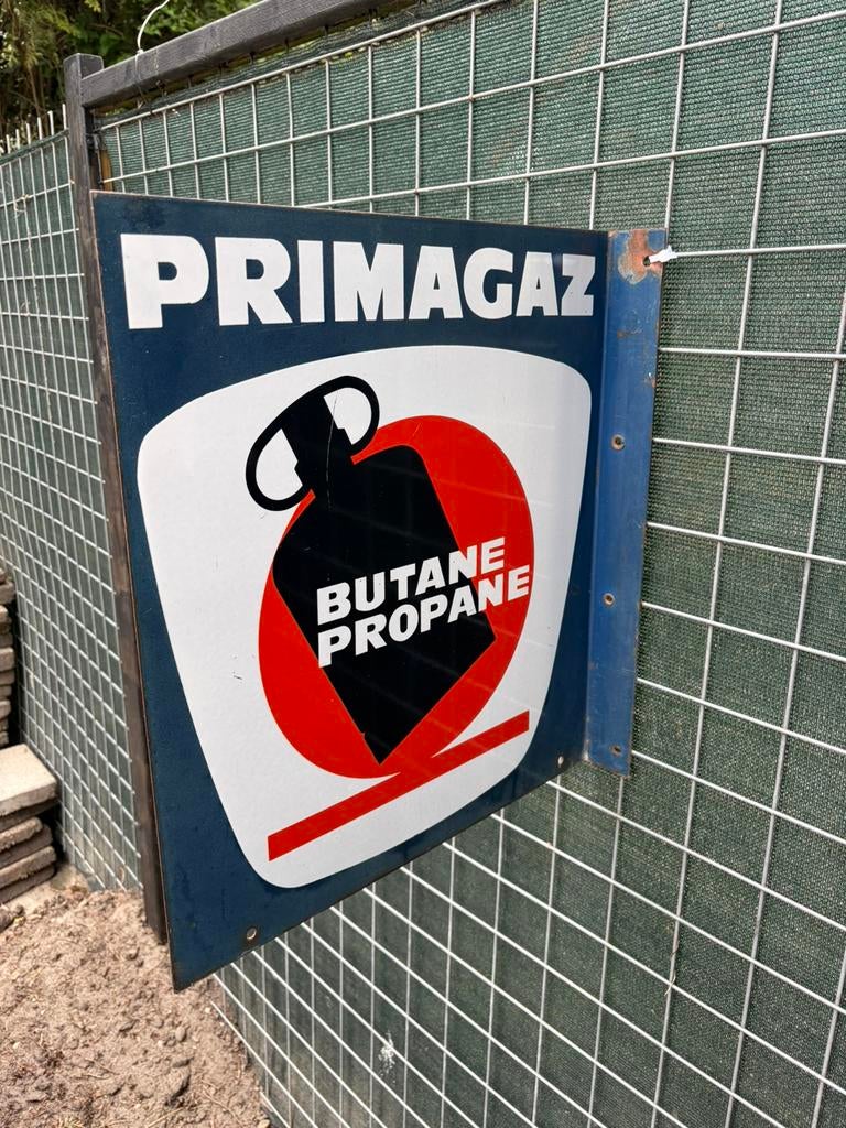 Emaille reclamebord primagaz butane, Ophalen of Verzenden, Gebruikt, Reclamebord