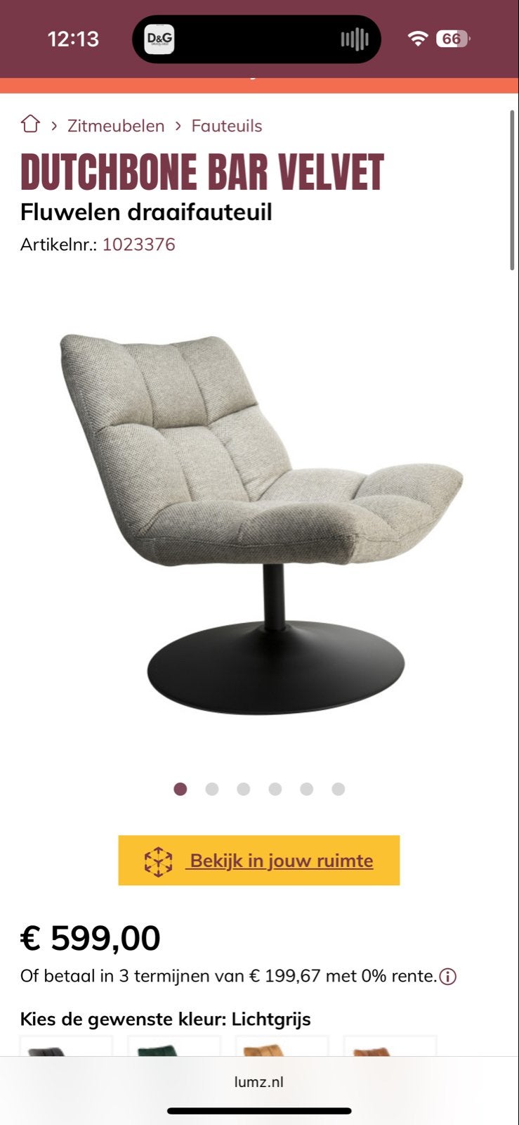 Dutchbone Bar Teddy Draaifauteuil, Huis en Inrichting, Fauteuils, Ophalen of Verzenden, Zo goed als nieuw, Stof, 75 tot 100 cm
