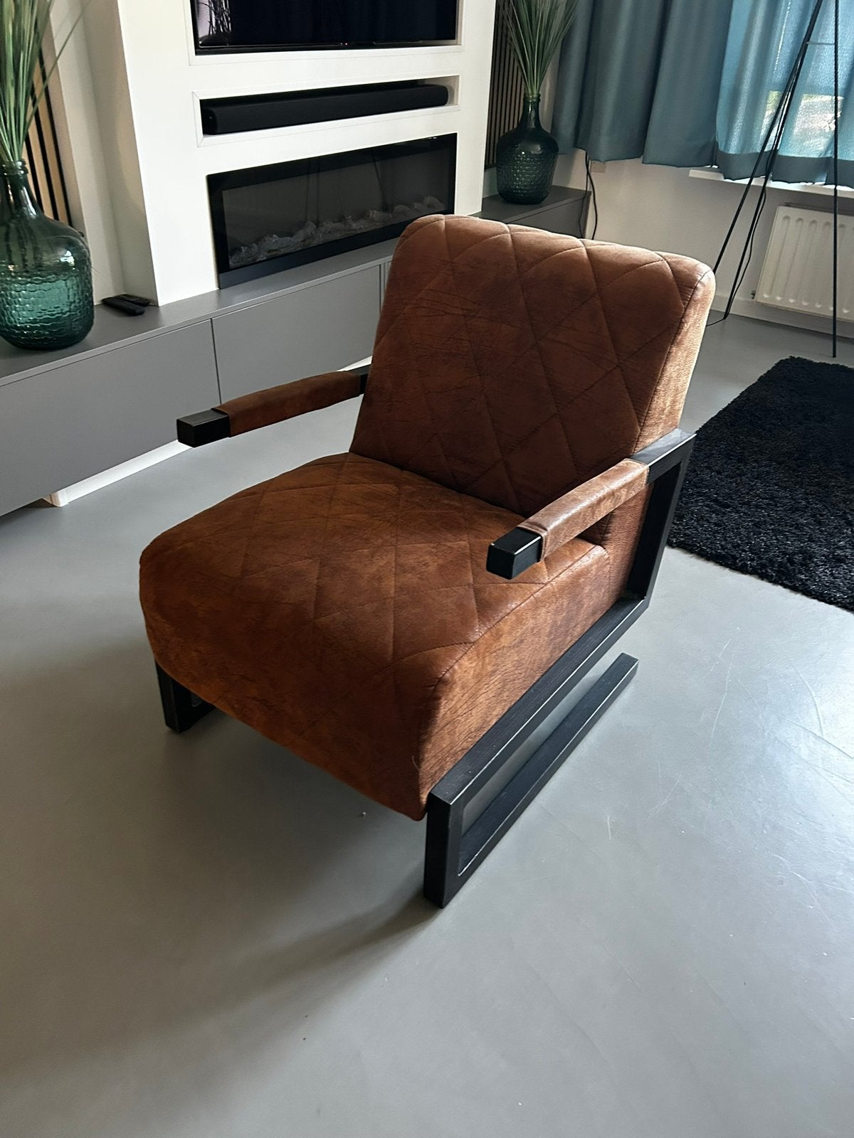 Cognac relax fauteuil - modern industrieel, Ophalen, Zo goed als nieuw, 75 tot 100 cm, 50 tot 75 cm