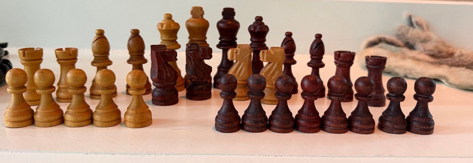 Vintage houten schaakset - mist 2 blanke pionnen, Een of twee spelers, Ophalen of Verzenden, Gebruikt