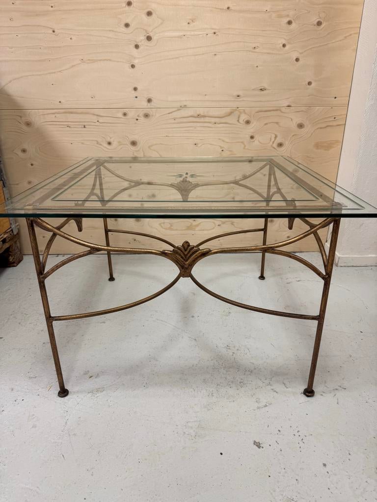 Vintage salontafel met geslepen glazen blad | messing |brons, Ophalen, Vintage / art deco, Gebruikt, 100 tot 150 cm