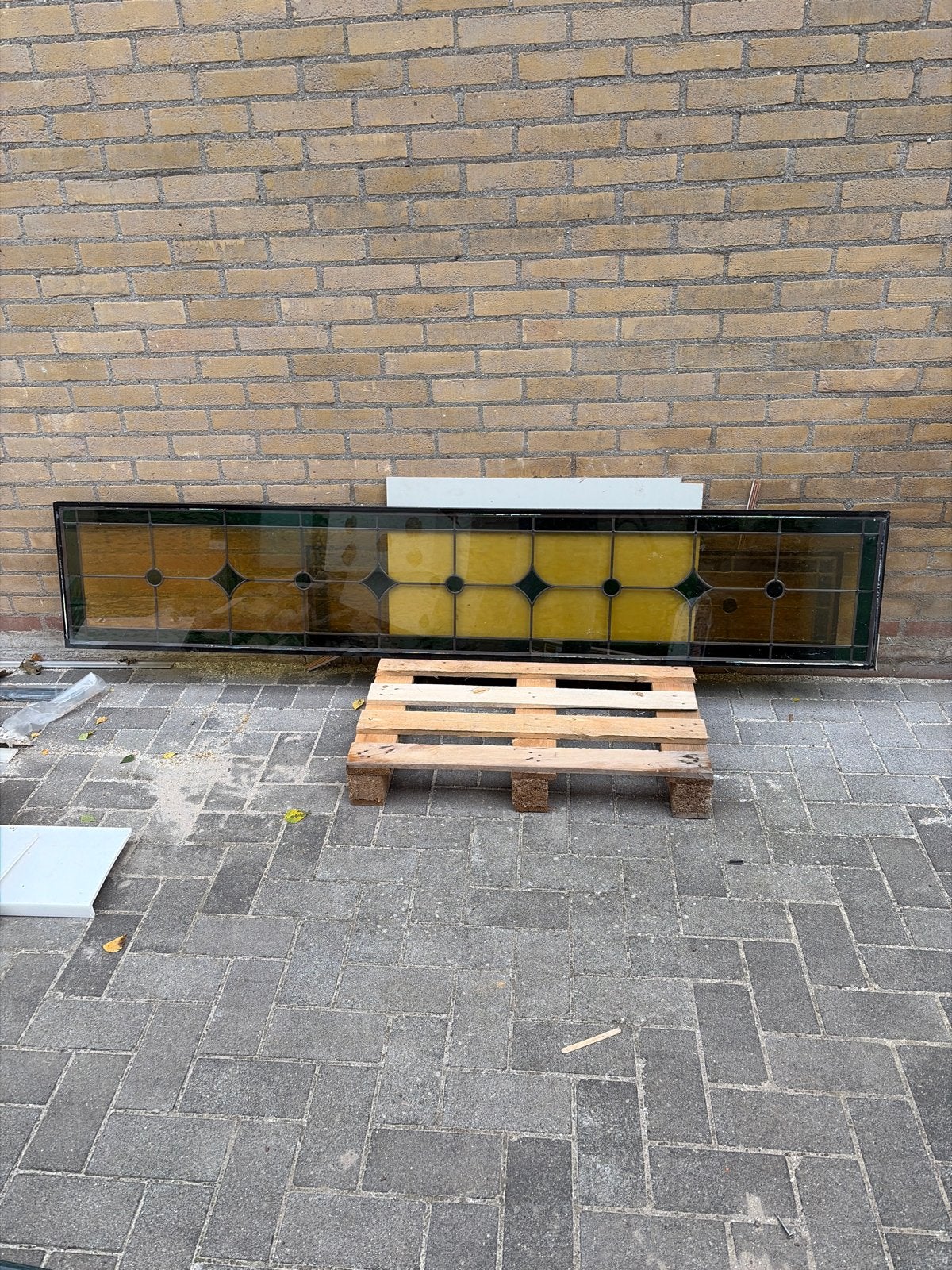 Glas in lood raam 210 x 39.5 cm in dubbel glas, Ophalen, Gevelraam of Ruit, Gebruikt, Minder dan 80 cm