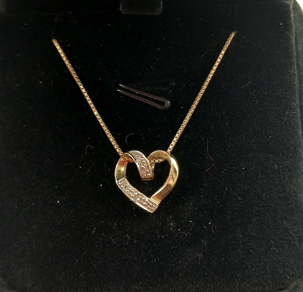 Gouden box-ketting met hartvormige hanger m. diamantjes, Verzenden, Zo goed als nieuw, Met edelsteen, Goud
