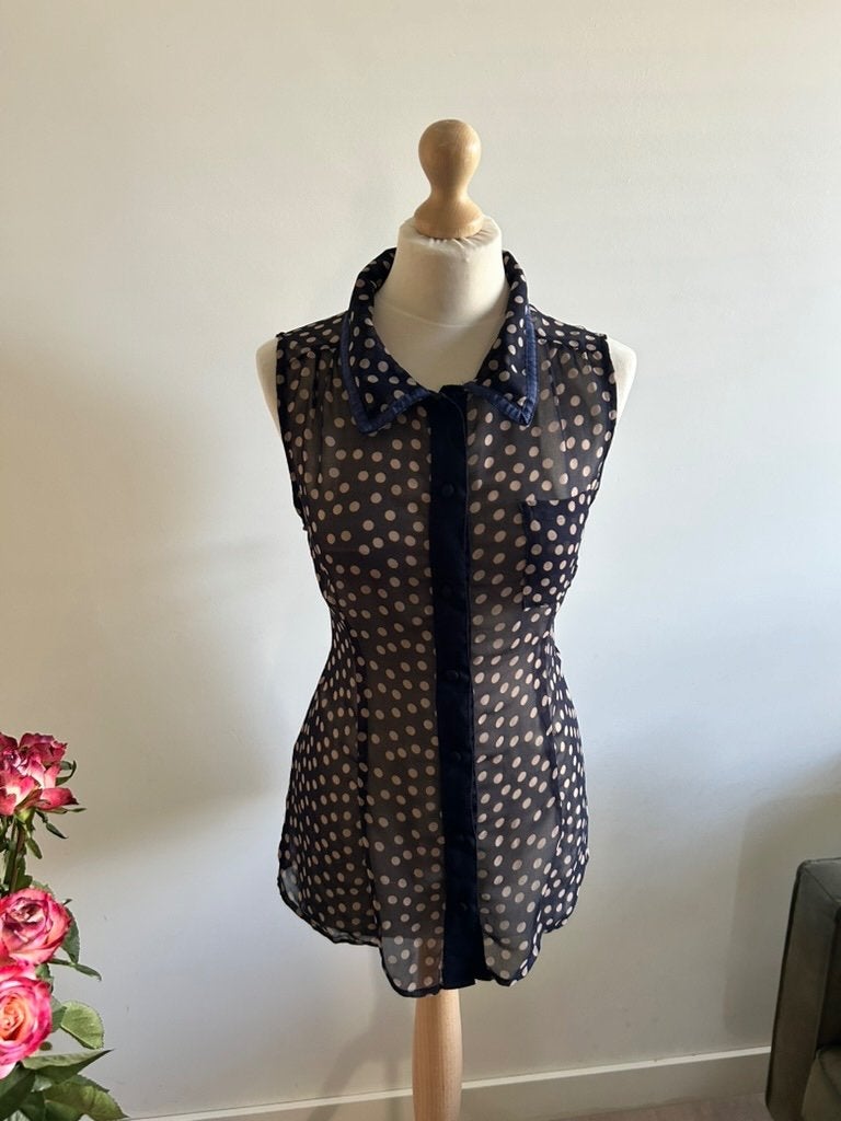 King Louie maat L blauwe top blouse stippen 3227