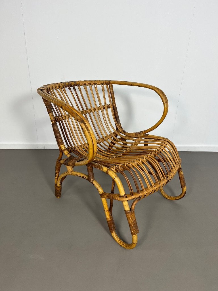 vintage design rotan fauteuil van Rohé Noordwolde jaren 60, Huis en Inrichting, Fauteuils, Ophalen, Gebruikt, 75 tot 100 cm, 50 tot 75 cm