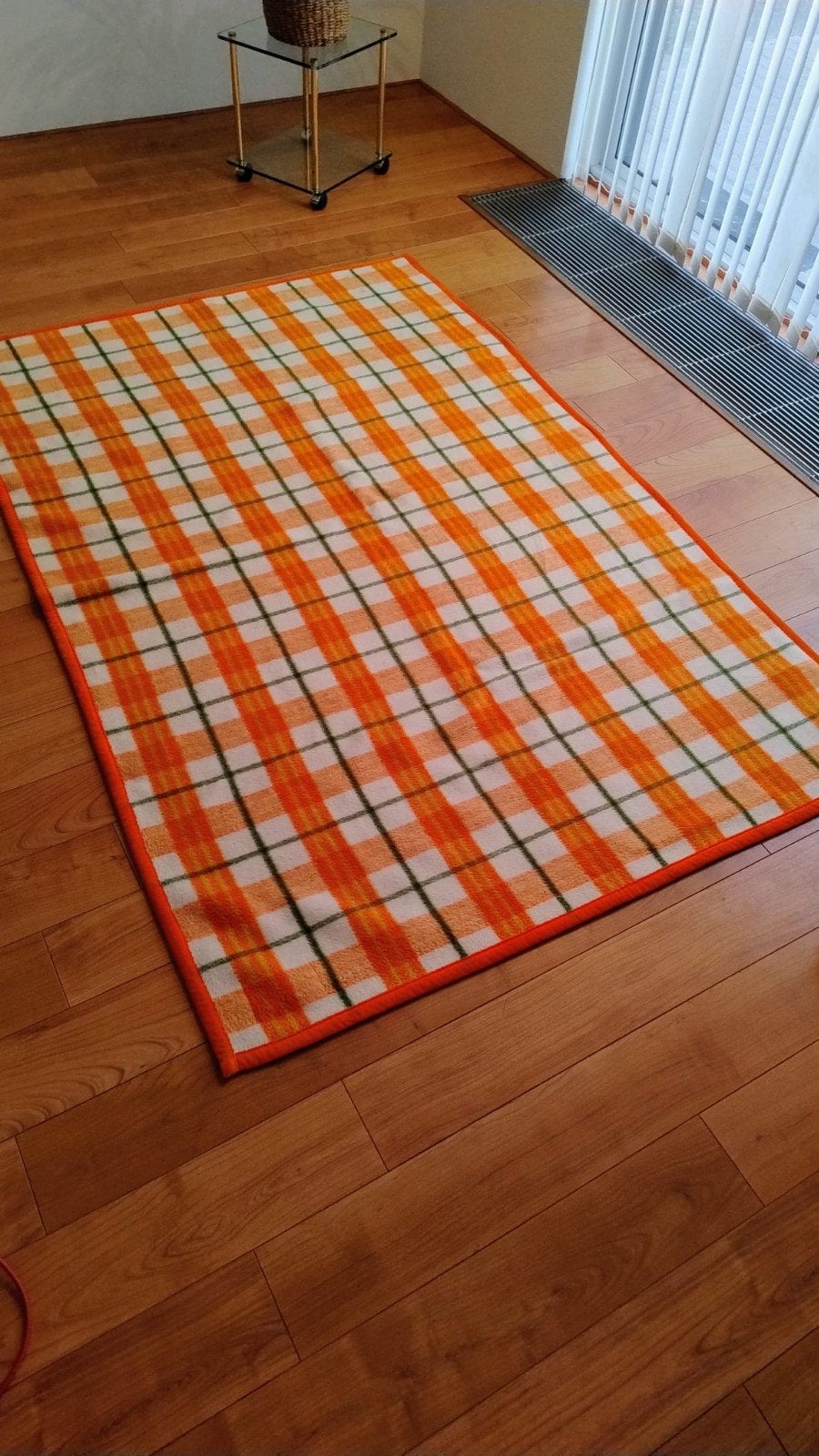 Vintage Aabe Dralon deken - Oranje geruit, 100 tot 150 cm, Ophalen of Verzenden, Zo goed als nieuw, Groen