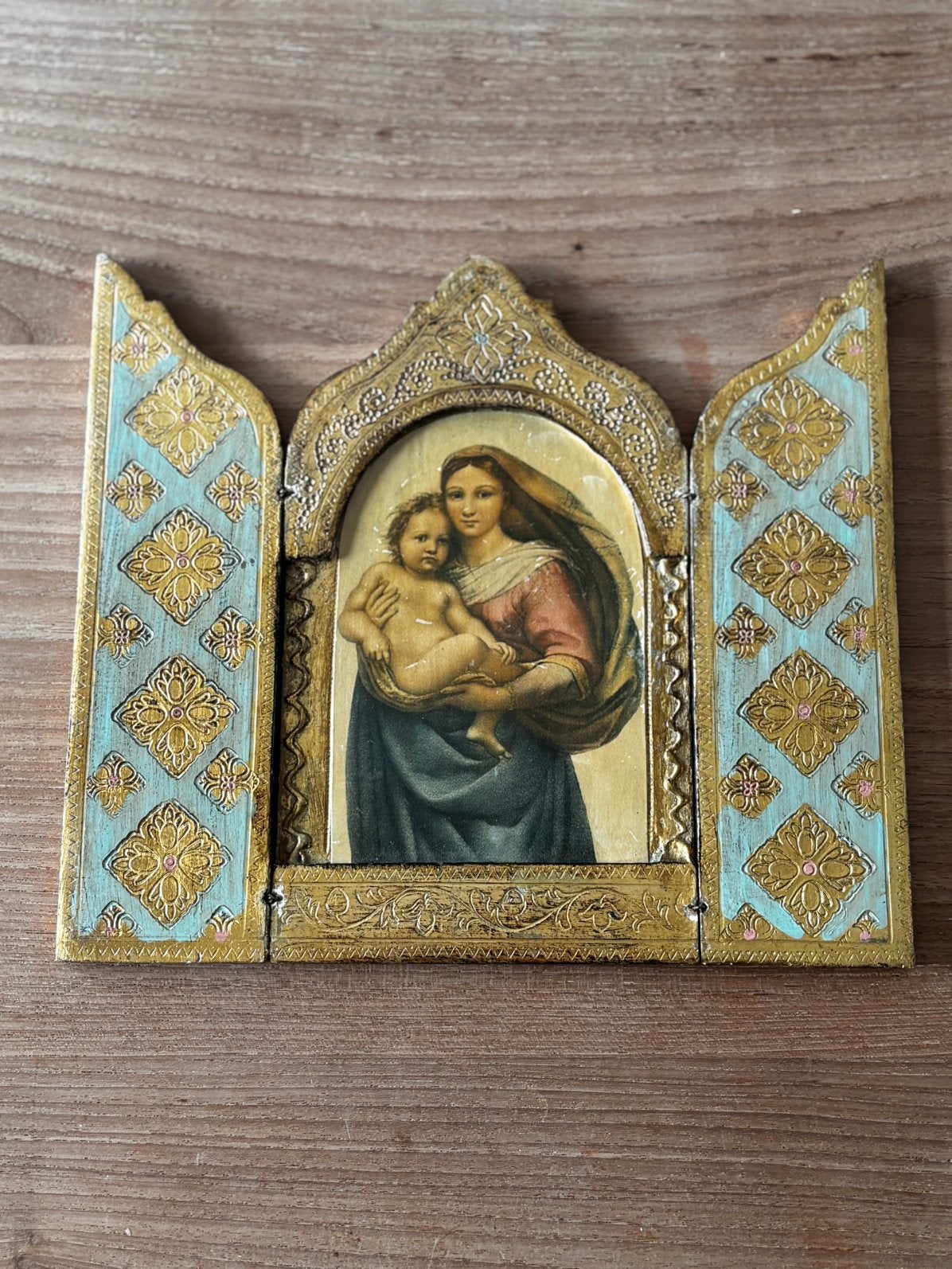 Vintage Florentijns Houten Drieluik – Madonna met Kind, Antiek en Kunst, Ophalen of Verzenden