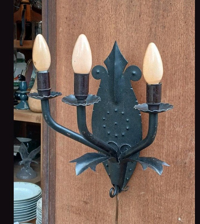 Vintage Smeedijzeren Wandlamp met 3 Lichtpunten, Ophalen of Verzenden